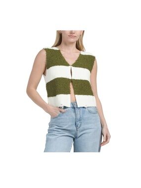 Anthropologie Moon River Green and White Striped Distressed Sweater Vest Top
